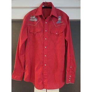 Vintage Western Pearl Snap Shirt Red Embroidered Cowboy Hat Boots Medium